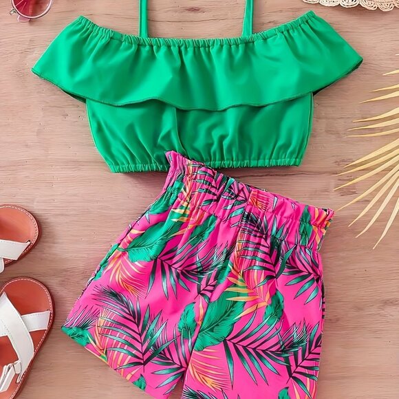 2-Piece Girl's Green Off-Shoulder Blouse Top + Tropical Shorts Set - Picture 1 of 6